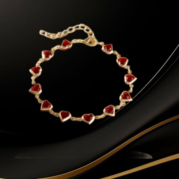 Gold Red Heart Resin Link Bracelet Adjustable Hearts - Picture 1 of 9
